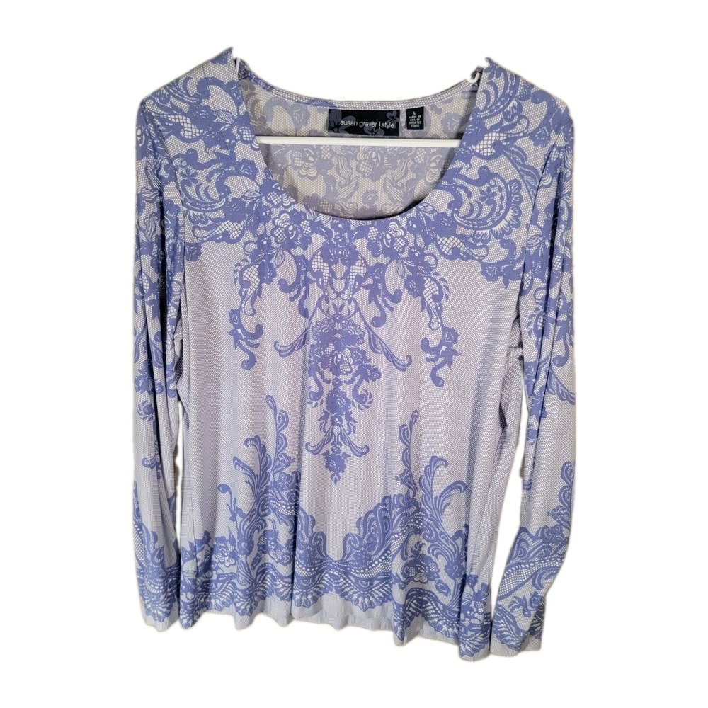 Susan Graver Style Top Womens L Blue White Liquid Knit Lace Damask Long Sleeve